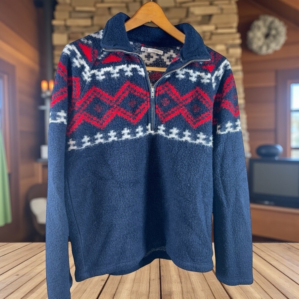 Nordic Fair Isle Southwestern Aztec quarter zip wool sweater. Sz S-M Morocco